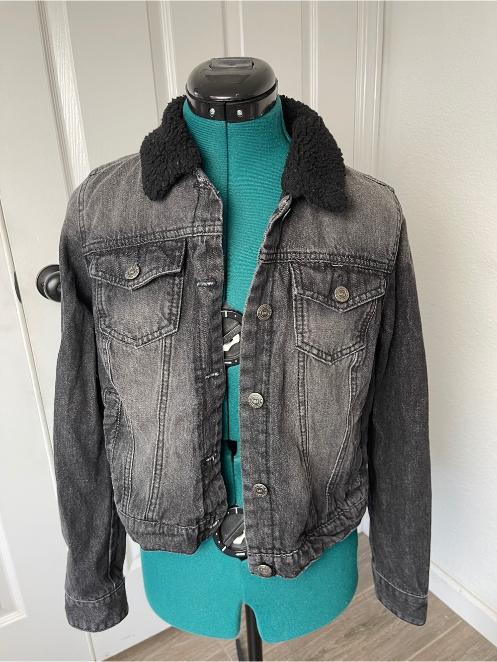 lei Black Washed Sherpa Collar Denim Bomber Jacket